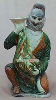 Chinese Classic Archaized Tang San Cai Statue-Hu Figure Holding Vase