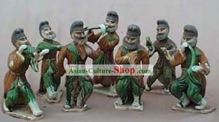 Chinese Classic Archaized Tang San Cai Statue-Group of Hu Musicians (Seven Pieces Set)