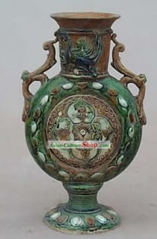 Chinois classique Archaized Tang San Cai Statue-Twin Jar Phoenix poignée en forme de plat