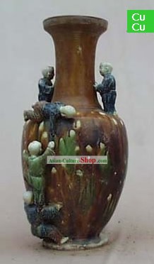 Chinese Classic Archaized Tang San Cai Statue-Five Children Jar