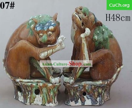 Chinese Classic Archaized Tang San Cai Statue-Pair of Seated Foo Dogs