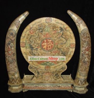 Buey chino clásico hueso Artesanía Escultura Estatua-Cinco Dragones pantalla plegable