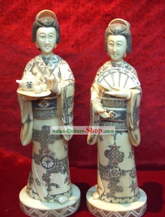Chinese Classic Ox Knochen Handwerk Skulptur Statue-Japanese Tea Frauen Pair