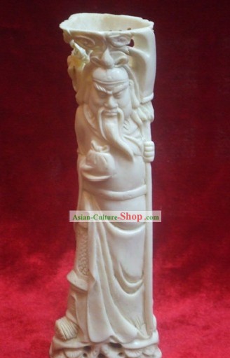 Chinese Classic Ox Knochen Handwerk Sculpture Pencial Vase-Guan Gong