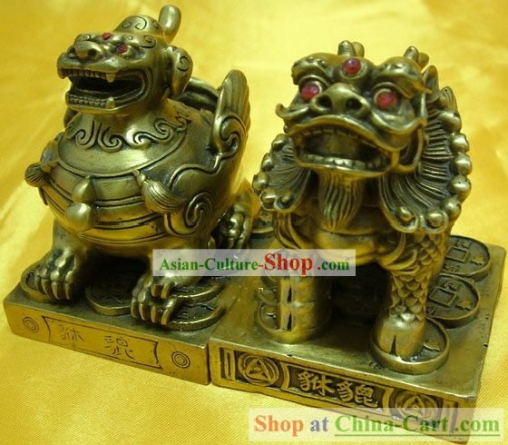 Chinese Classic Brass Statue-Doppelt Horn Pi Qiu und Single Horn Pi Qiu Set