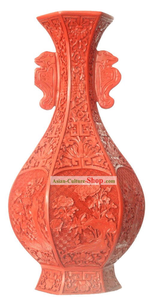 中国の宮殿の漆器作品 - ダブル耳が赤いボトルを彫