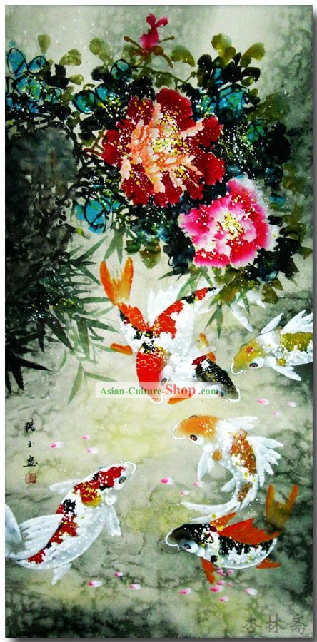 Pintura clássica chinesa tradicional-coloridos peixes Sorte