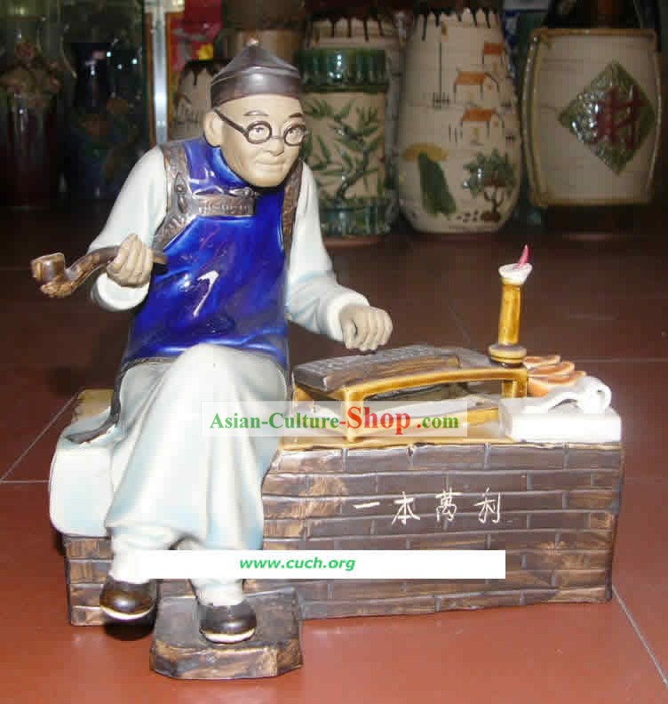 Hand Made Shi Wan Ceramics Statue-Ancient Landowner Doing Accounts