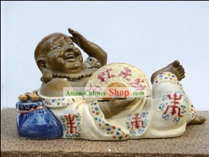 Hand Made Foshan Shi Wan Artistic Ceramics Statue-Happy Monk