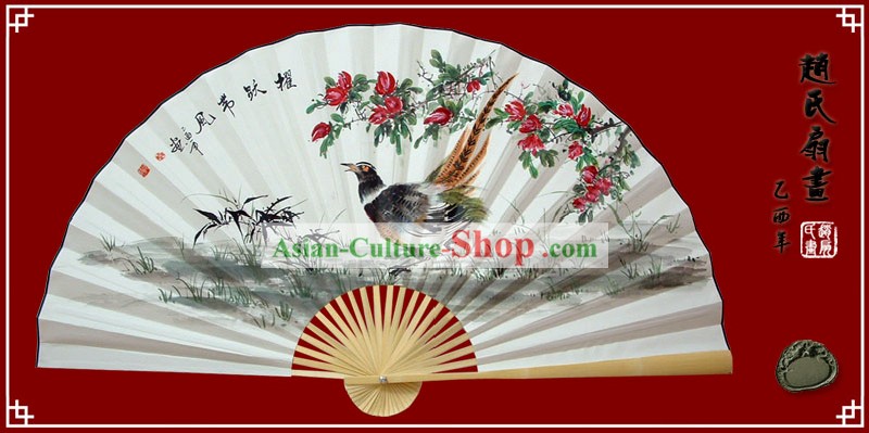 Chinese Hand Painted Large Decoration Fan by Zhao Qiaofa-Brave Sparrow Spirit