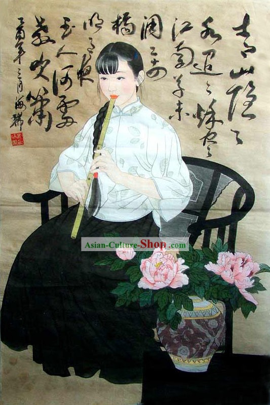 Pintura Tradicional China-Belleza tocando la flauta