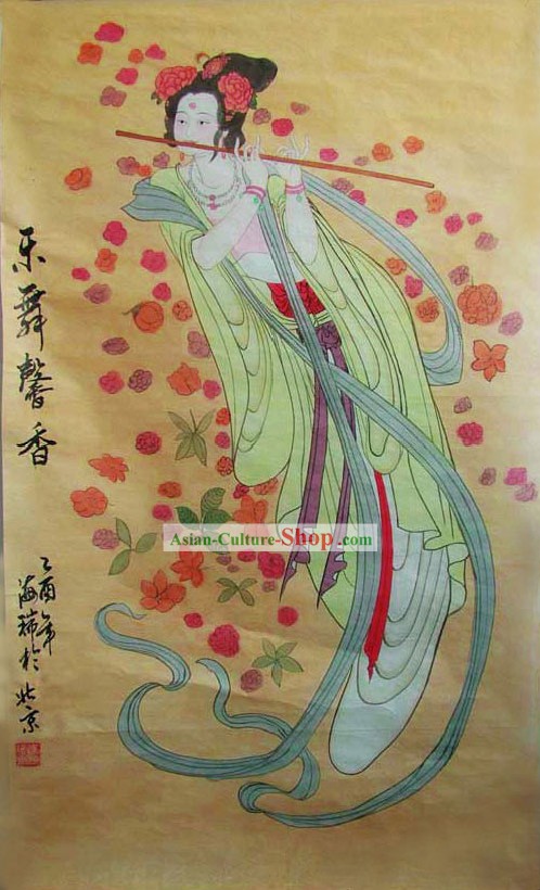 Pintura Tradicional China-Vuelo de hadas bailando Flauta