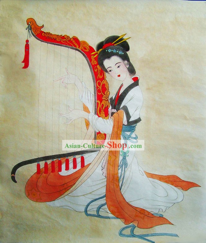 Chinese Traditional Painting-Ancient Palace Harp Playing Beauty