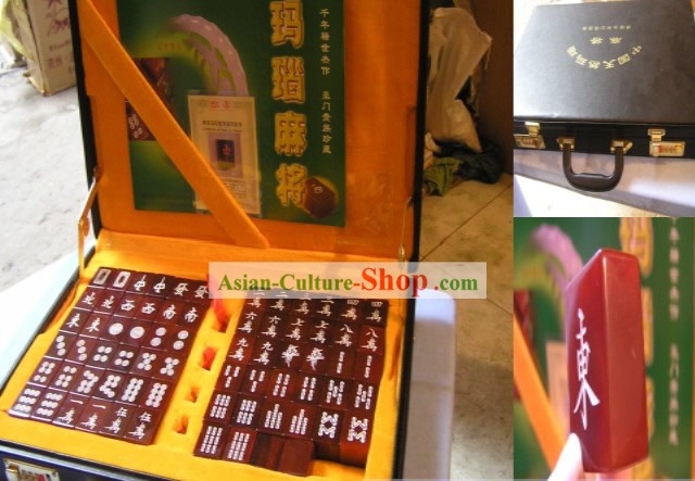 China Top Grado Naturaleza ágata roja Mahjong Imperial conjunto (144 piezas)