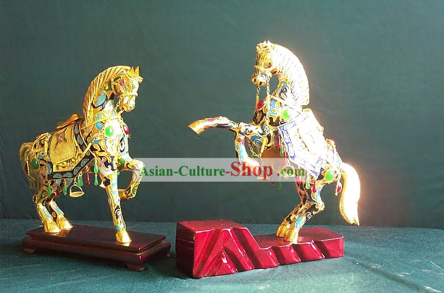 Cinese Classic Gold Brass Horse Cloisonne Coppia