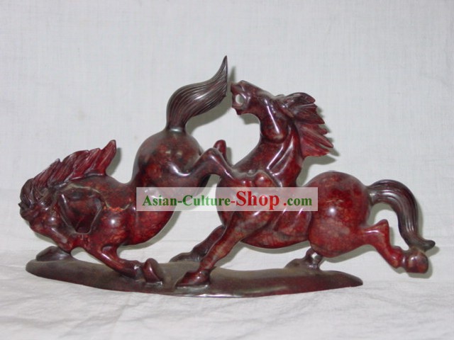 China raro de la sangre de pollo Jade caballo Pareja Escultura