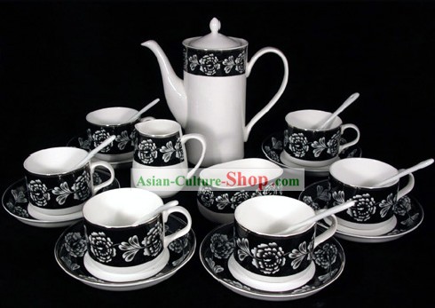 Chinese Jingde Jade Porcelain Black Rose Coffee Set