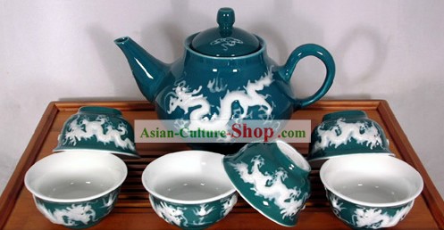 Chinese Jingde Basso Relievo Porcelain Double Draongs Playing Ball Tea Set