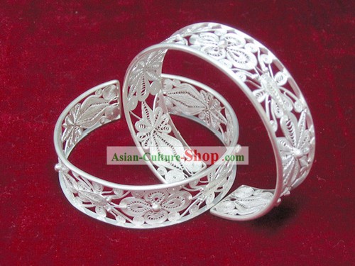Chinesen Miao Minority Carved Silver Flower Bracelet