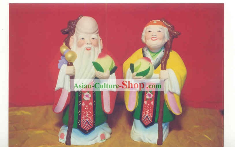 Mão chinesa Arte pintada Escultura de Figurine da argila Couple Zhang-Saudável e Feliz Velho