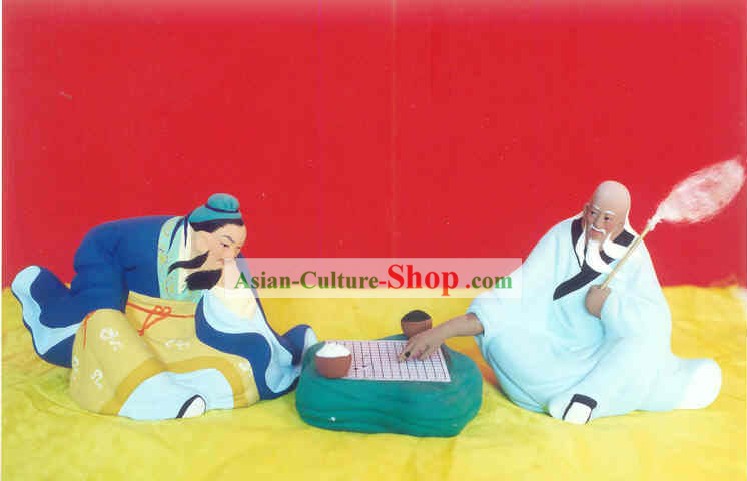 Chino pintado a mano Escultura de figurilla de barro Zhang-Jugando al ajedrez