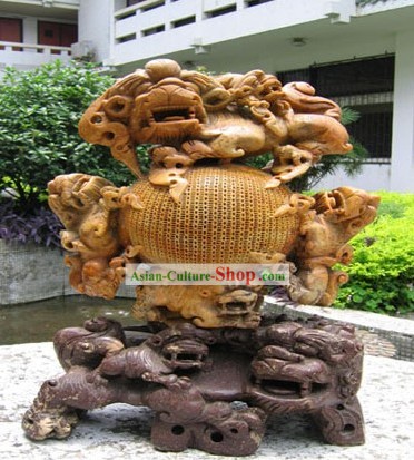 Craft-Siete mano impresionante china tallada Leones Jugar Bola