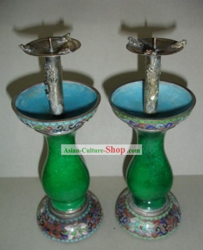 A Pair of Chinese Ancient Palace Green Jade Cloisonne Candleholder