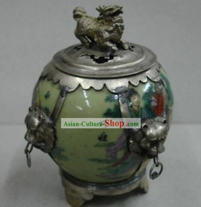 Chinese Qiao Niang Jade e Silver Incensiere