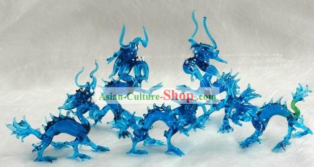 Hecho a mano chino Palacio de color azul esmalte cinco conjuntos de Dragones