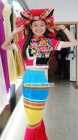 Chinese Zhuang Minority Happy Celebration Dance Costume and Hat Set for Women