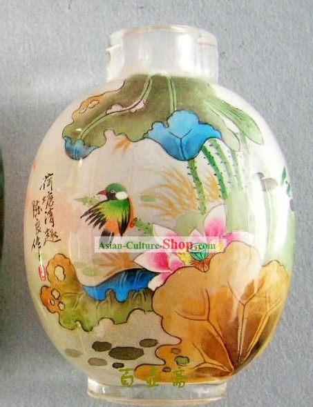 Chinese Classical Snuff Bottle With Inside Painting-Birds by Lotus