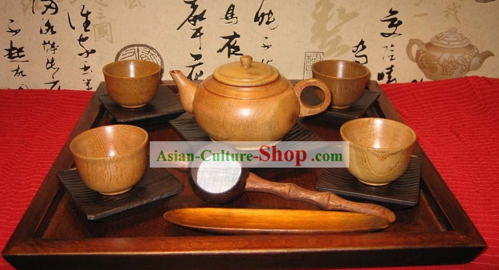 Chinese Hand Made Birch Wooden Tea Set (13 Pieces)