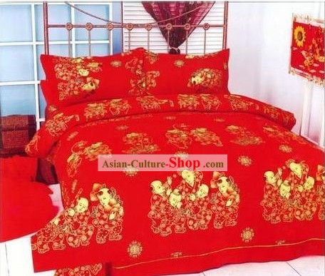 Классическая Китайская Хлопок Свадебный Кровать подшивок (Четыре пьесы)-больше детей, больше счастья