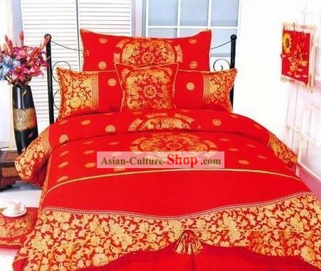 Китайский традиционный хлопок Свадебный Кровать подшивок (Четыре пьесы)-Дракон и Феникс
