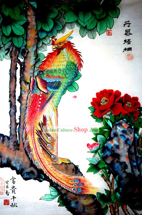 La pintura tradicional china con meticuloso detalle sobre la felicidad Phoenix