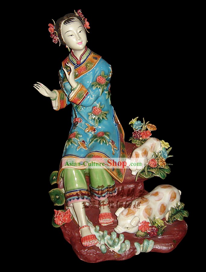 Потрясающие китайского фарфора Коллекционирование-Древняя женщина с Свиньи