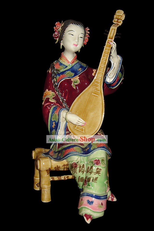 Stunning cinese colorato antica porcellana da collezione-Playing Lute Fanciulla