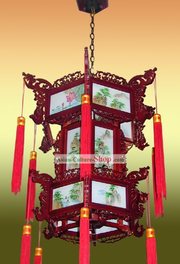 Large Chinese Hand Made and Painted Landscape Two Layers Palace Lantern