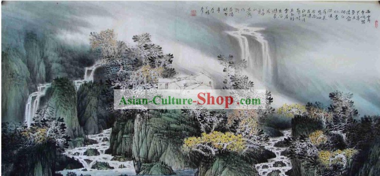 Large Traditional Chinese Painting by Mo Gaoquan-Rainy Waterfall