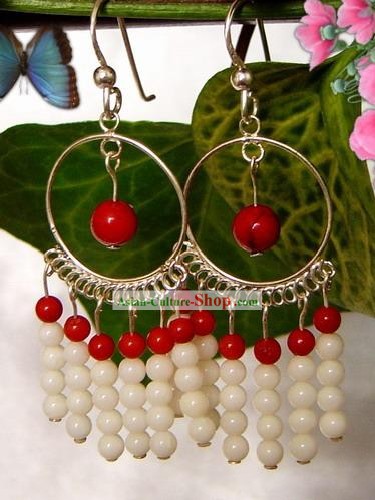 Moda indiana Bohemia Coral Shell Earrings-vermelho e branco da beleza