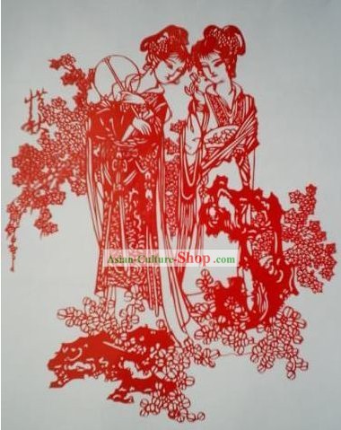 Chinese Paper Cuts Classics-Beautiful Women antigo com Fan
