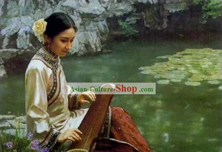 Aceite de pintura china antigua-Mujer tocando el Koto
