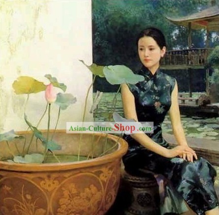Aceite de pintura china-mujer además de Lotus