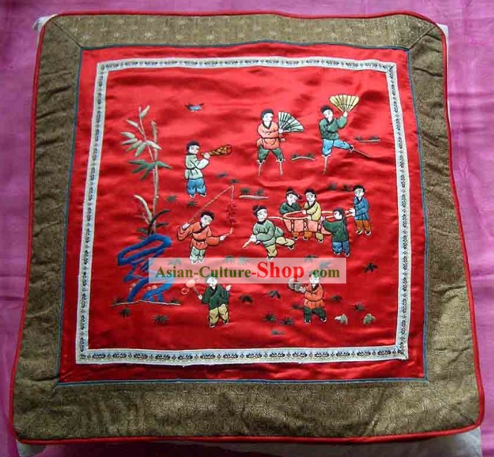 Chinese Hand Embroidered Silk Cushion-The More Sons, The More Blessings