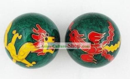 Chinese Body-Building Cloisonne Dragon and Phoenix Balls