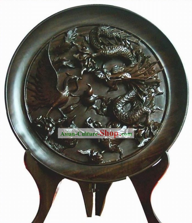 Chinesische Hand Carved Ebenholz Plate-Drachen, Phoenix, Tortoise und Kylin