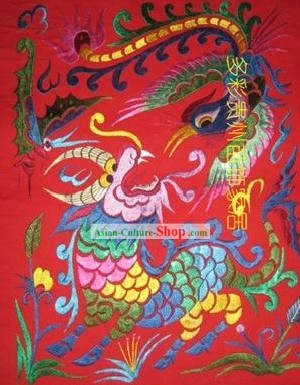 China minorías Miao hilo de seda bordado a mano de arte-Dragon y Phoenix