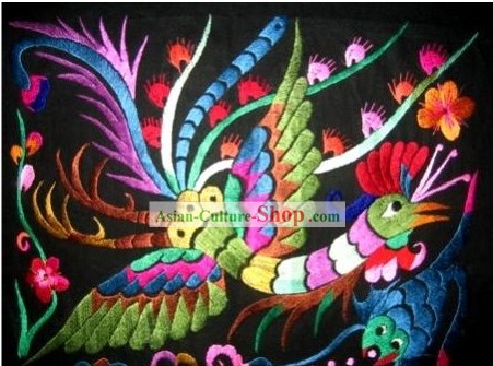 Chinese Large Miao Minority Silk Thread Hand Embroidery Art-A Peacock in His Pride