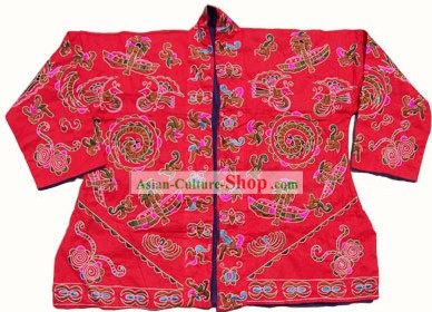 Impresionante china Miao bordado a mano Tribu colección Emperador chaqueta