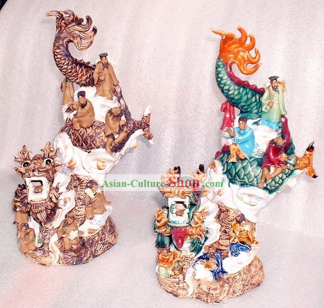 Chinese Classic Shiwan Ceramics Statue-Eight Fairies Crossing Dragon on Dragon